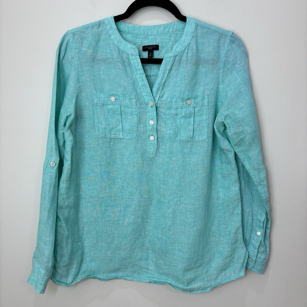 Talbots 100% Linen Teal Blue Henley Top Women S Petite Long Sleeves Lightweight